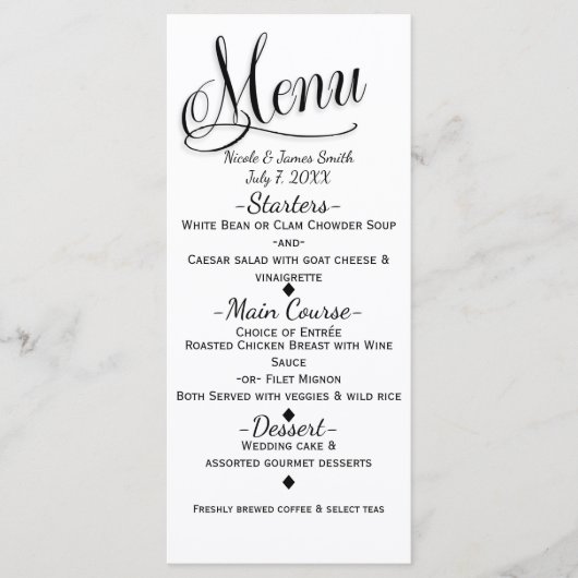 Zwart & Wit Eenvoudig Elegant Wedding Menu Kaart (Voorkant)