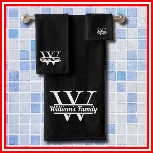 Zwart-Wit | Eenvoudig familienaam monogram Bad Handdoek