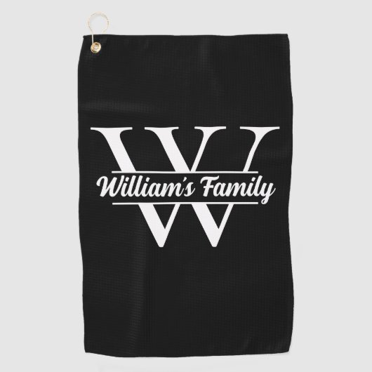 Zwart-Wit | Eenvoudig familienaam monogram Golfhanddoek (Voorkant)