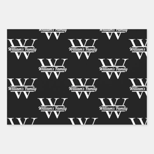 Zwart-Wit | Eenvoudig familienaam monogram Inpakpapier Vel (Voorkant 3)