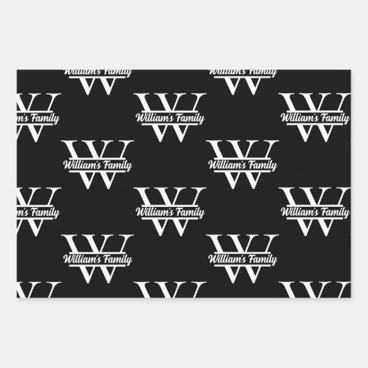 Zwart-Wit | Eenvoudig familienaam monogram Inpakpapier Vel (Voorkant)