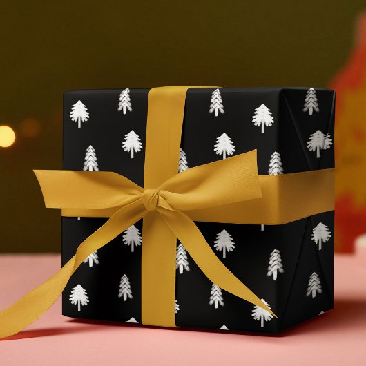 Zwart-wit Eenvoudig Kerstboompatroon Cadeaupapier