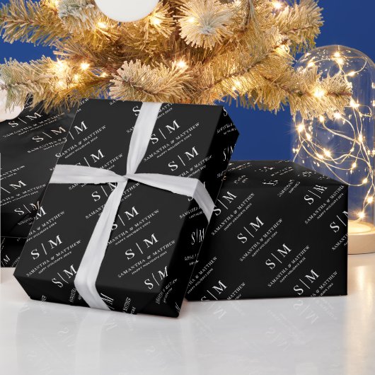 Zwart-wit eenvoudig koppelmonogram cadeaupapier (Feestdagen)