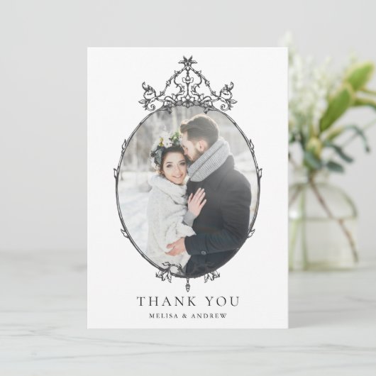Zwart & Wit Eenvoudig Lijst Trouwfoto Bedankkaart (Staand voorkant)