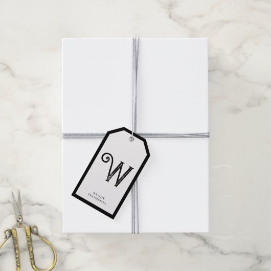 Zwart wit, eenvoudig minimalistisch monogram met d cadeaulabel (Met Touw)