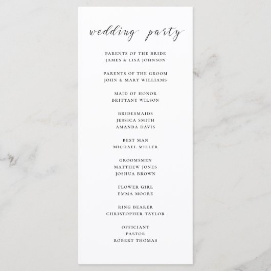 Zwart-wit eenvoudig minimalistisch script bruiloft programmakaart (Achterkant)