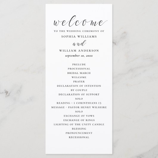 Zwart-wit eenvoudig minimalistisch script bruiloft programmakaart (Voorkant)