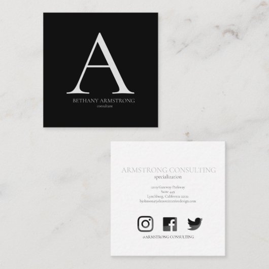 Zwart-wit Eenvoudig Modern Monogram Consultant Vierkante Visitekaartje (Voorkant / Achterkant)