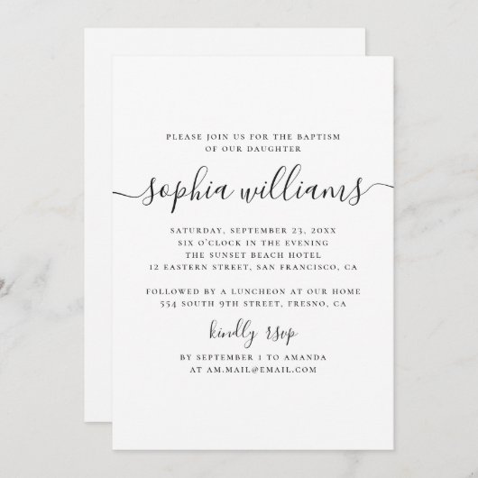 Zwart-wit eenvoudig modern script doop kaart (Voorkant / Achterkant)