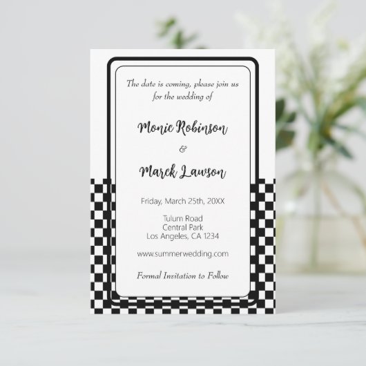 Zwart-wit eenvoudig save the date (Staand voorkant)