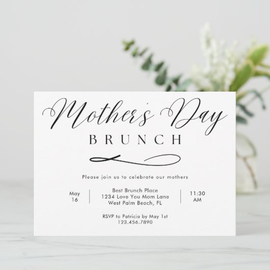 Zwart-wit Eenvoudig Script Moederdag Brunch Kaart (Staand voorkant)