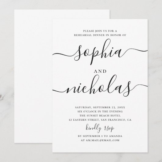 Zwart-wit eenvoudig script repetitie diner kaart (Voorkant / Achterkant)