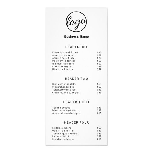 Zwart Wit Eenvoudig Service Menu Logo Prijslijst (Voorkant)