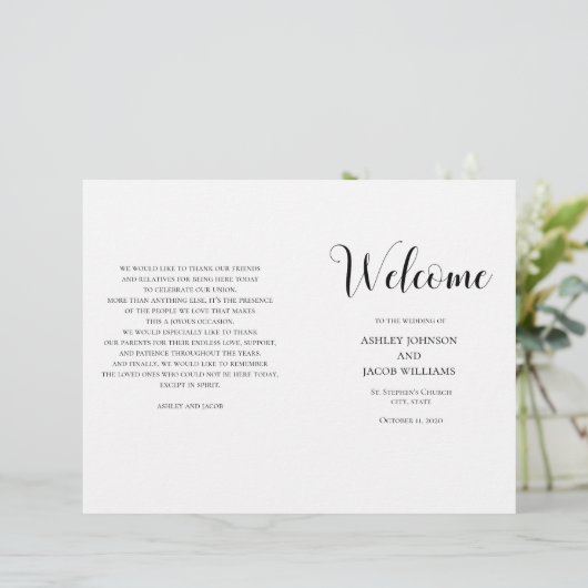 Zwart-wit eenvoudig trouwprogramma gevouwen (Staand voorkant)