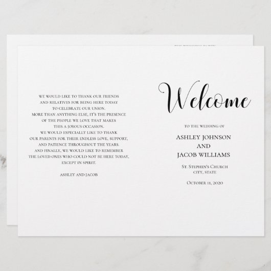 Zwart-wit eenvoudig trouwprogramma gevouwen (Voorkant / Achterkant)