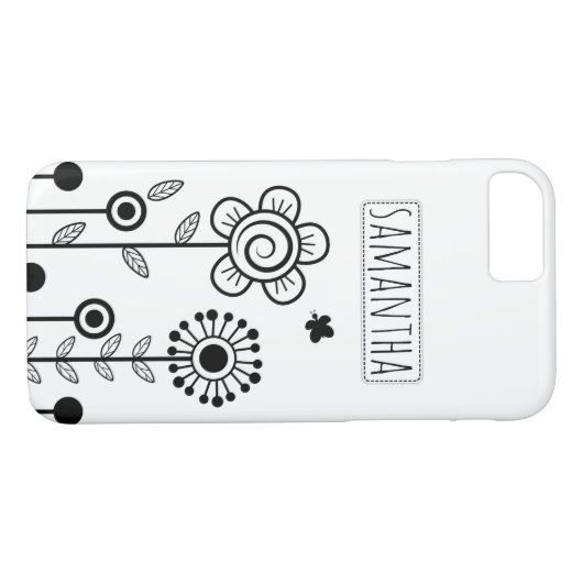 Zwart, wit eenvoudige bloemen en naam bloemenkleur Case-Mate iPhone case (Achterkant (Horizontaal))