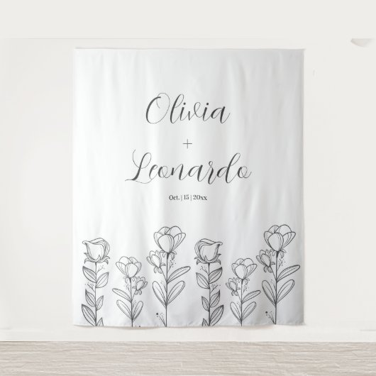 Zwart-wit Eenvoudige Bloemen Huwelijk Achtergrond Wandkleed (Voorkant)