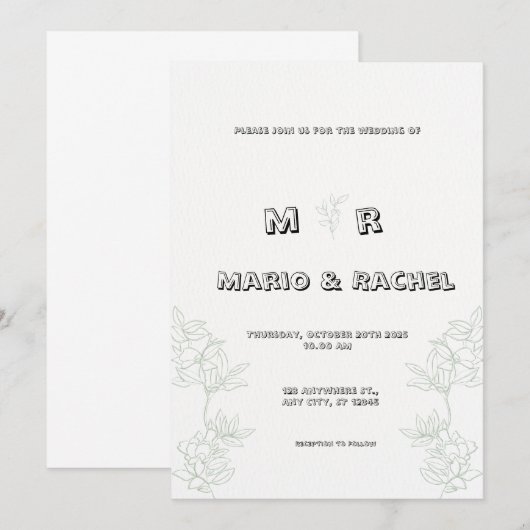 Zwart-wit eenvoudige bloemenillustratie bruiloft kaart (Voorkant / Achterkant)