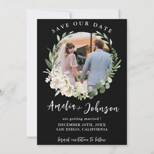 Zwart-wit Eenvoudige foto bruiloft Save The Date (Achterkant)