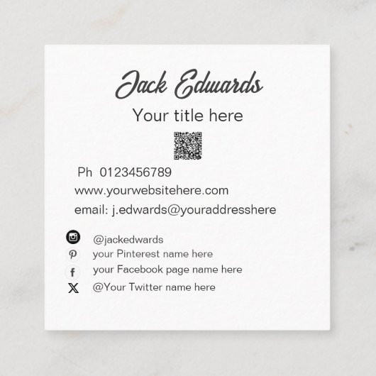 Zwart Wit Eenvoudige Foto Sociale Media Vierkante Visitekaartje (Achterkant)