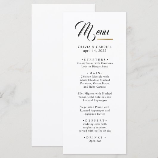 Zwart-wit. Eenvoudige klassieke bruiloft Menu (Voorkant / Achterkant)