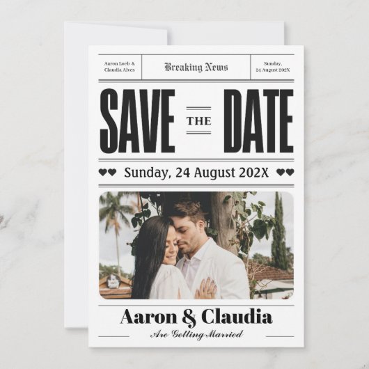 Zwart-wit Eenvoudige Krant Save the Date (Voorkant)