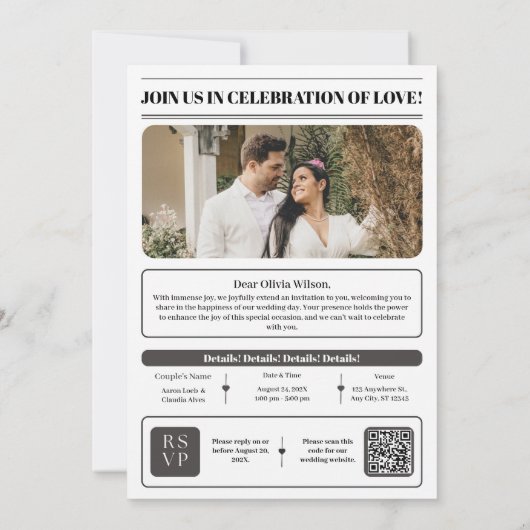 Zwart-wit Eenvoudige Krant Save the Date (Achterkant)