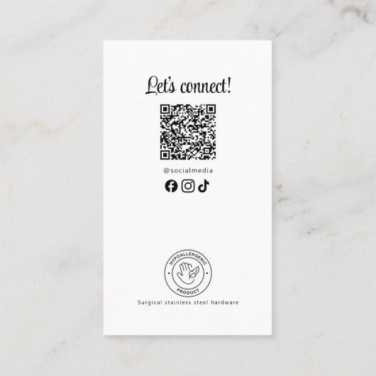 Zwart Wit Eenvoudige Logo Oorbel Backer Kaart Visitekaartje (Achterkant)