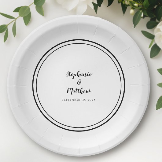Zwart-wit, eenvoudige moderne bruid en bruidebruid papieren bordje