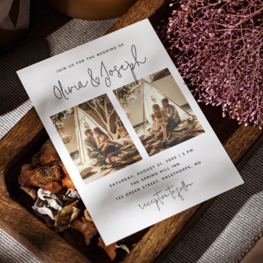 Zwart-wit eenvoudige schone multi foto bruiloft kaart