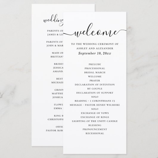 Zwart-wit eenvoudige script kalligrafie bruiloft programmakaart (Voorkant / Achterkant)