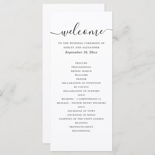 Zwart-wit eenvoudige script kalligrafie bruiloft programmakaart (Voorkant / Achterkant)