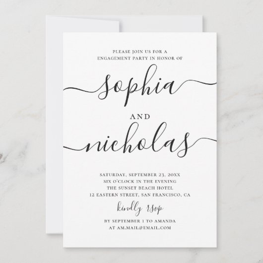 Zwart-wit eenvoudige script verlovingsfeest kaart (Voorkant)