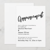 Zwart Wit Eenvoudige Uitgestelde Trouwaankondiging Kaart (Voorkant / Achterkant)