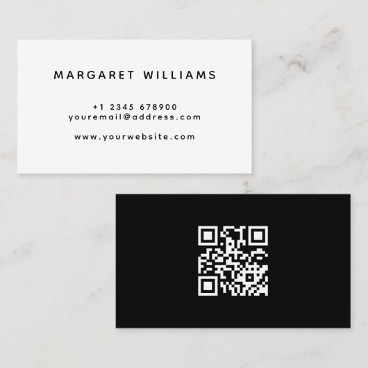 Zwart & Wit Eenvoudige Visitekaartje met QR-code (Voorkant / Achterkant)