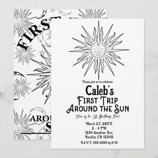 Zwart & Wit Eerste reis rond zon 1e verjaardag Kaart (Voorkant / Achterkant)