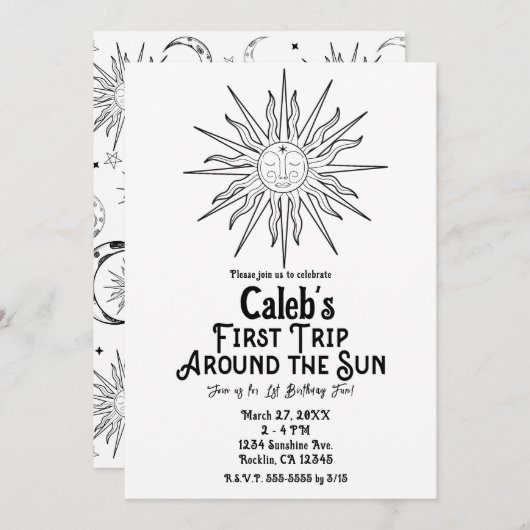 Zwart & Wit Eerste reis rond zon 1e verjaardag Kaart (Voorkant / Achterkant)