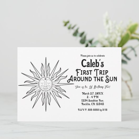 Zwart & Wit Eerste reis rond zon 1e verjaardag Kaart (Staand voorkant)