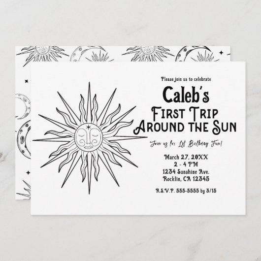 Zwart & Wit Eerste reis rond zon 1e verjaardag Kaart (Voorkant / Achterkant)