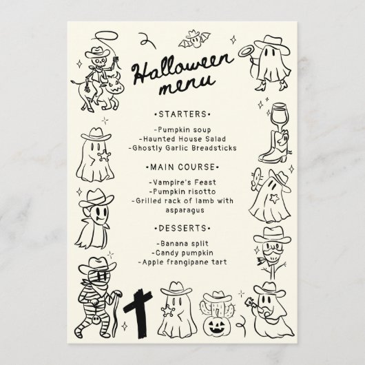 Zwart-wit eigenzinnige hand getekend Halloween Menu (Voorkant)