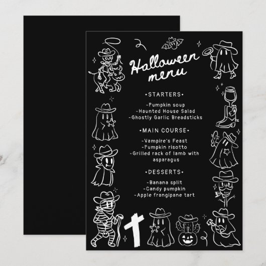 Zwart-wit eigenzinnige hand getekend Halloween Menu (Voorkant / Achterkant)
