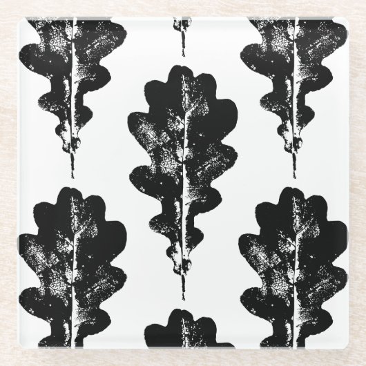 Zwart-wit eikenblad Print Glazen Onderzetter (Voorkant)