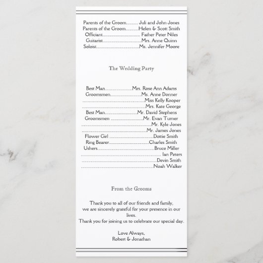 Zwart-wit Elegance bruidegom huwelijksprogramma Programmakaart (Achterkant)