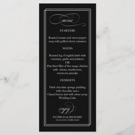 Zwart-wit Elegant 4x9 Bruiloft Menu (Voorkant)
