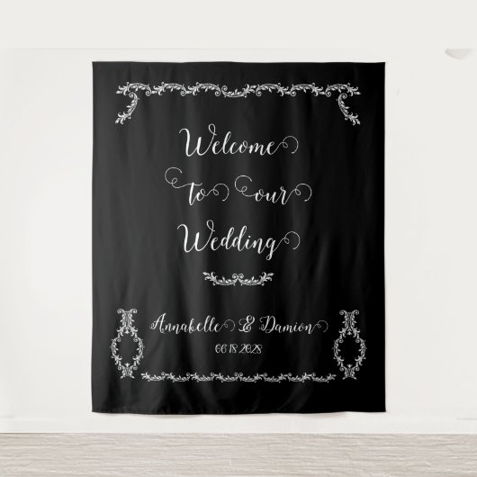 Zwart-wit elegant acanthus Welkom op bruiloft Wandkleed (Voorkant)