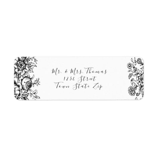 Zwart & Wit Elegant  Bloem Motief Label (Voorkant)