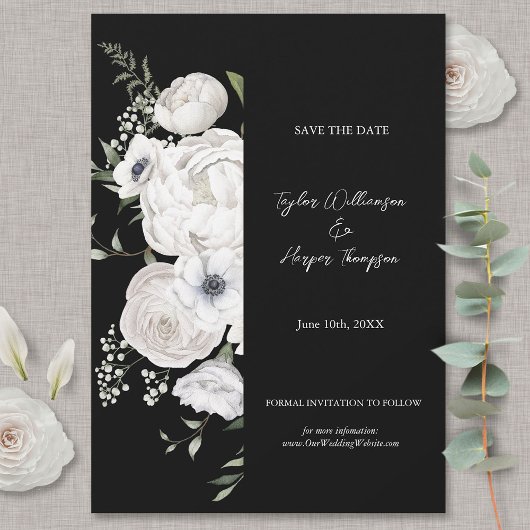 Zwart-wit Elegant Bloemboeket Modern Save The Date