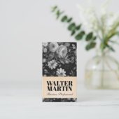 Zwart Wit Elegant Bloemen Achtergrond Visitekaartje (Staand voorkant)