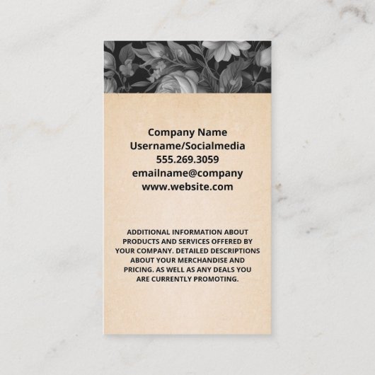 Zwart Wit Elegant Bloemen Achtergrond Visitekaartje (Achterkant)
