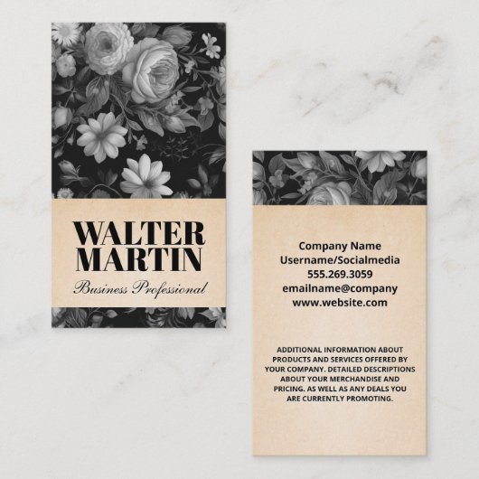 Zwart Wit Elegant Bloemen Achtergrond Visitekaartje (Voorkant / Achterkant)